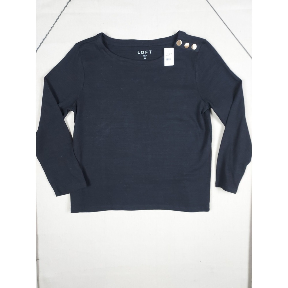 LOFT Womens Medium Black Gold Button Shoulder Long Sleeve Cotton Knit Top NWT